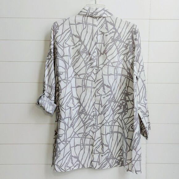 John Mark Linen Button Up Tunic Shirt Size Medium Roll Tab Sleeves Artsy Modern - Picture 4 of 9
